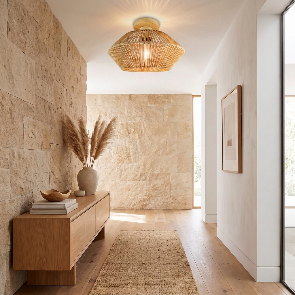 Ekza Japandi wabi-sabi woven rattan ceiling light in stone-wall corridor