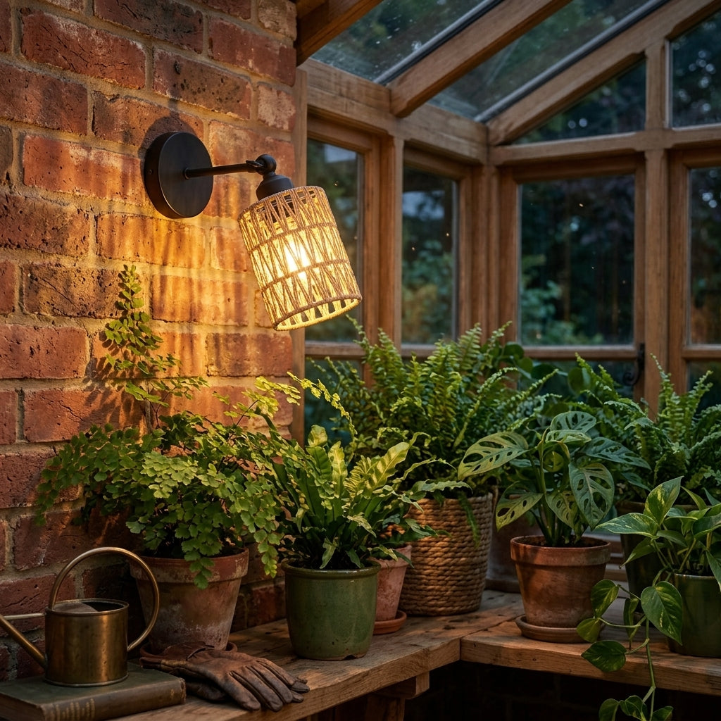 Emsul woven rattan wall sconce on exposed brick wall in a plant-filled sunroom
