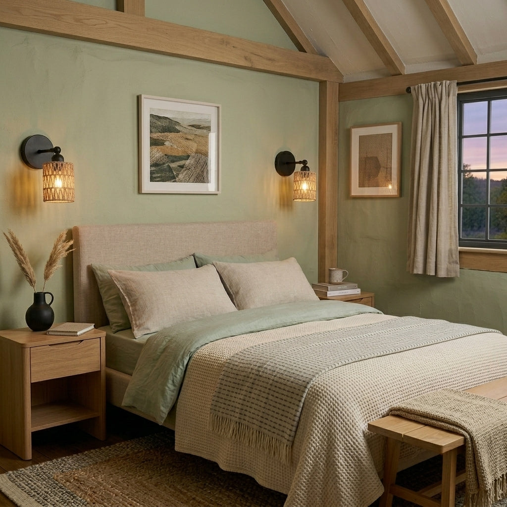 Emsul rattan wall sconce beside a bed in a soft green Japandi bedroom