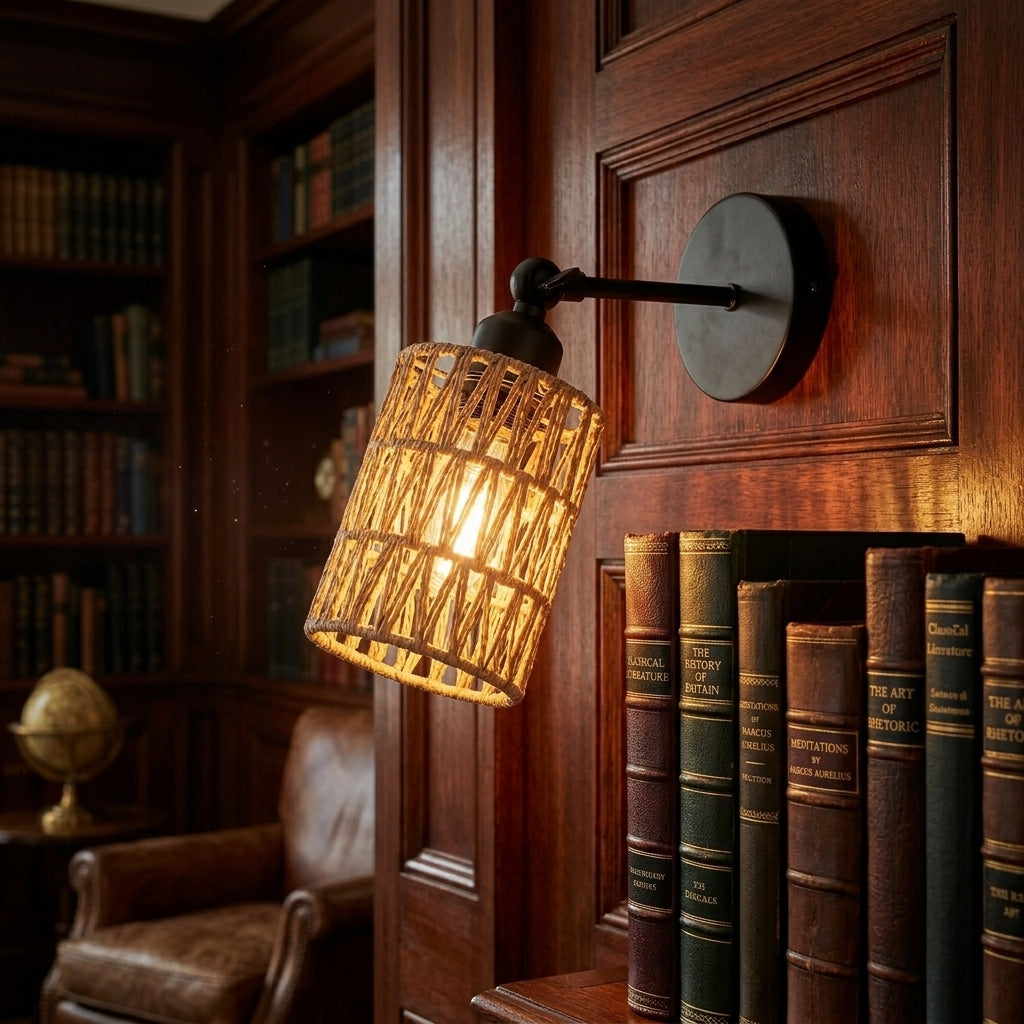 Emsul woven rattan wall sconce mounted in a dark wood home library with bookshelves