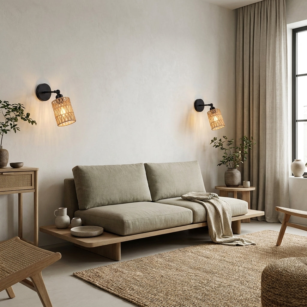 Emsul rattan wall sconce mounted above a sofa in a Japandi living room