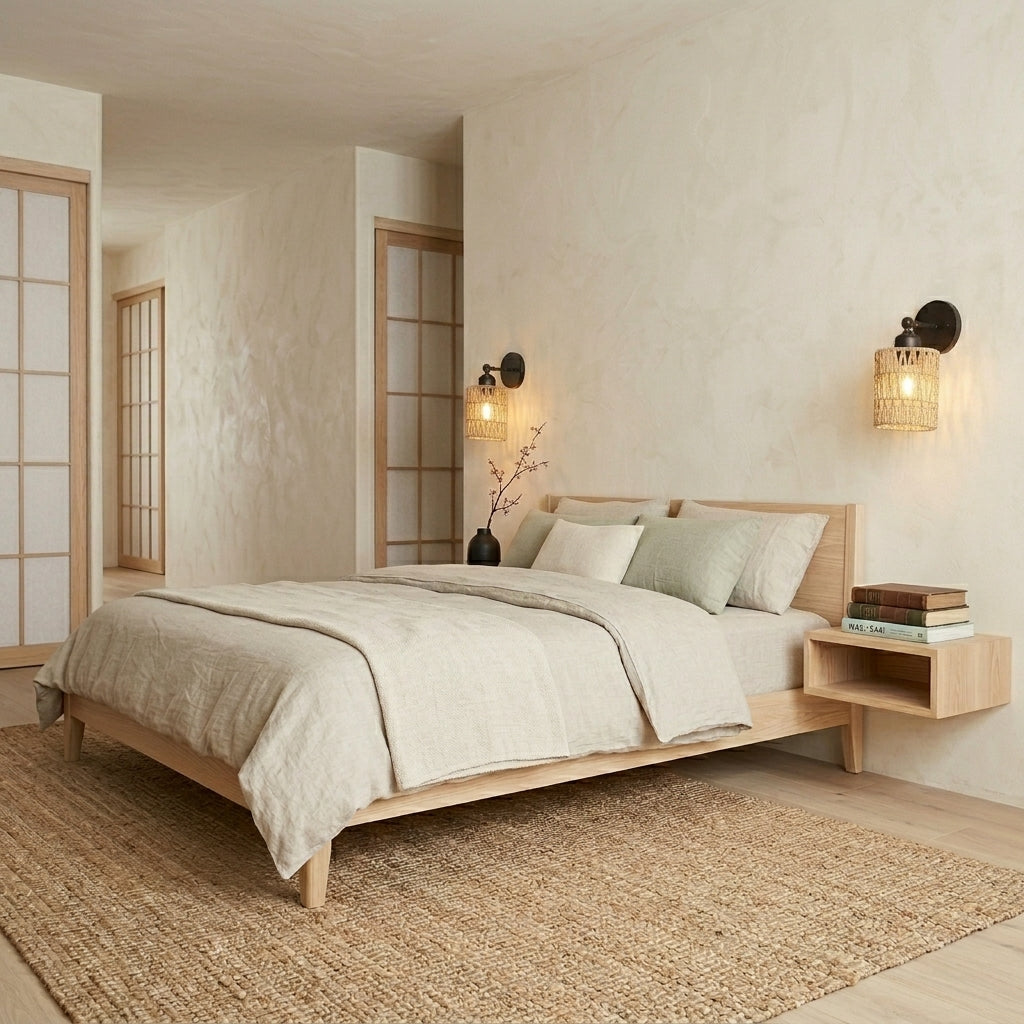 Emsul woven rattan wall sconce beside a bed in a neutral-toned bedroom