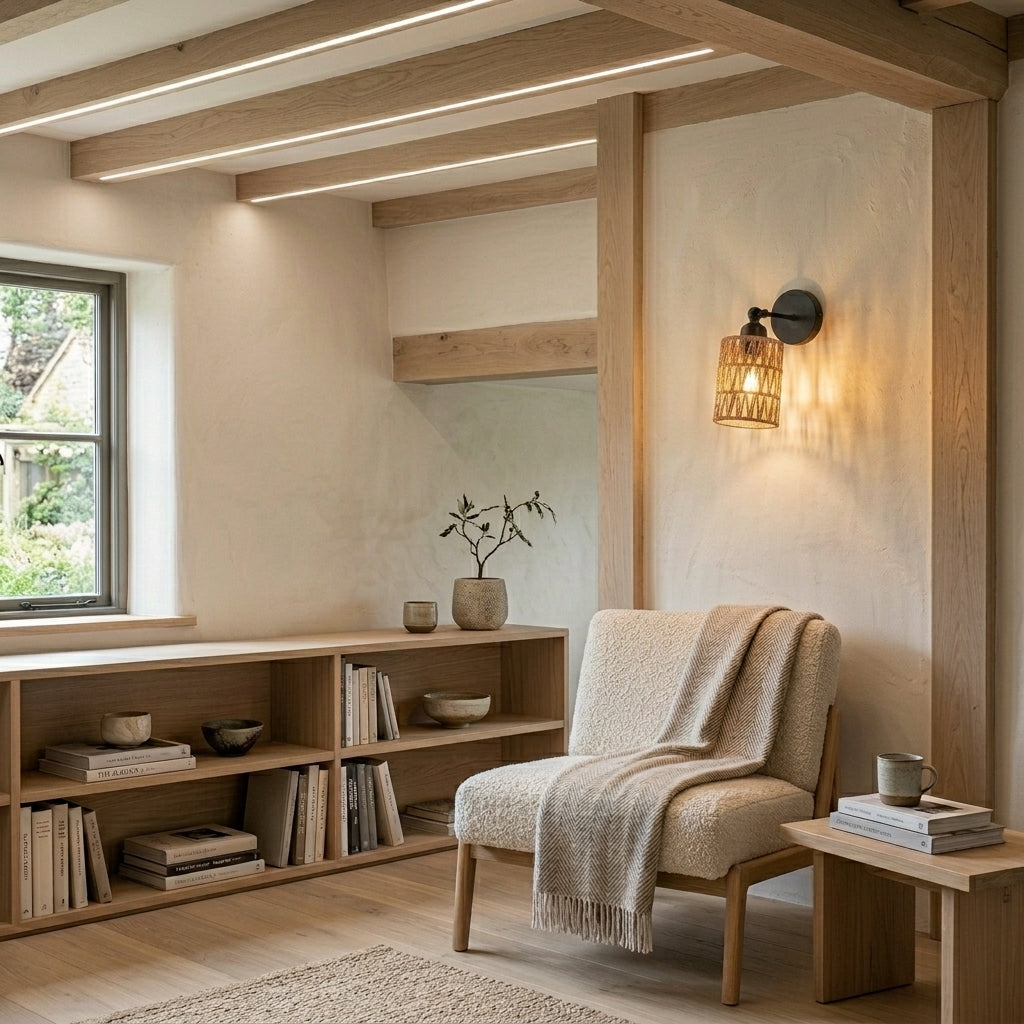 Emsul rattan wall sconce lighting a wabi-sabi living room reading nook with wood beams