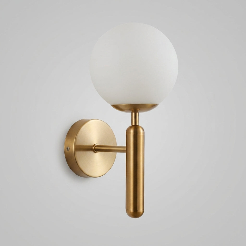 Enju orb wall light, globe wall sconce in gold finish, angled hero view