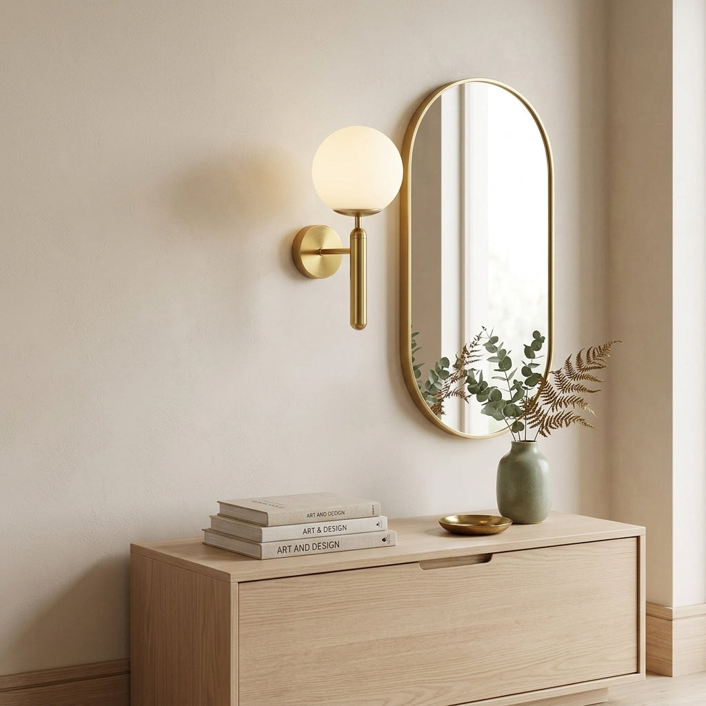 Enju orb wall light in gold finish mounted beside a mirror above a bedroom dresser, lit