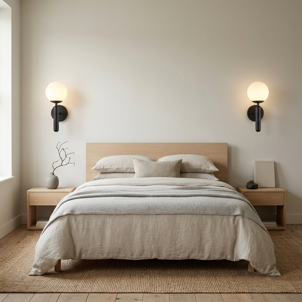 Enju orb wall lights in black finish mounted in a pair flanking a bed, lit
