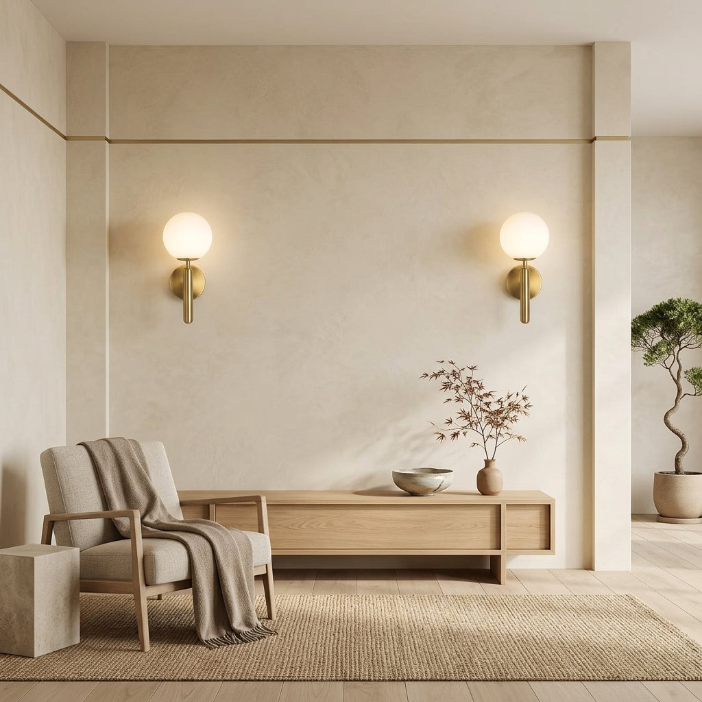 Enju orb wall lights in gold finish mounted in a living room archway