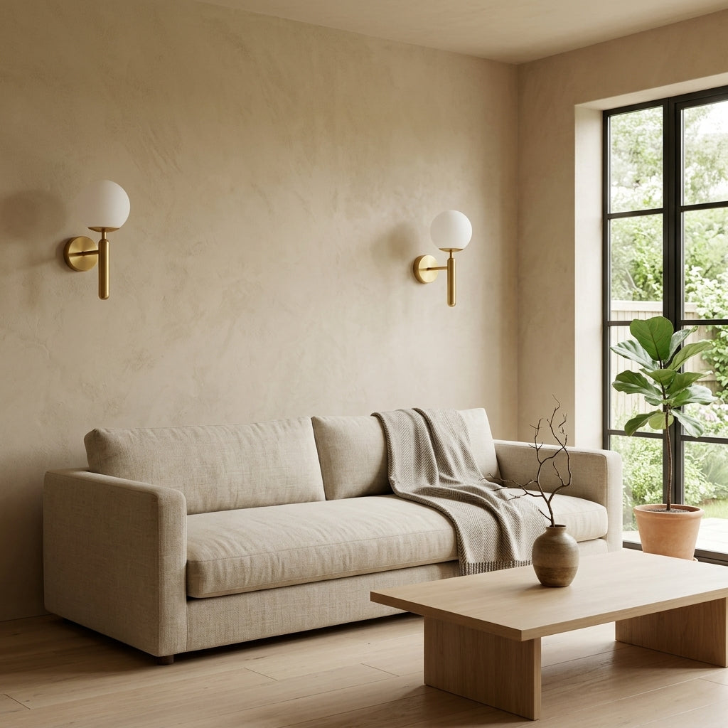 Enju orb wall light in gold finish mounted above a sofa in a living room, lit