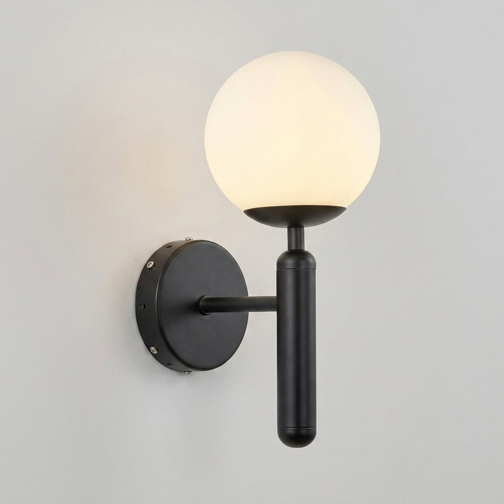 Enju orb wall light, globe wall sconce in black finish, front view