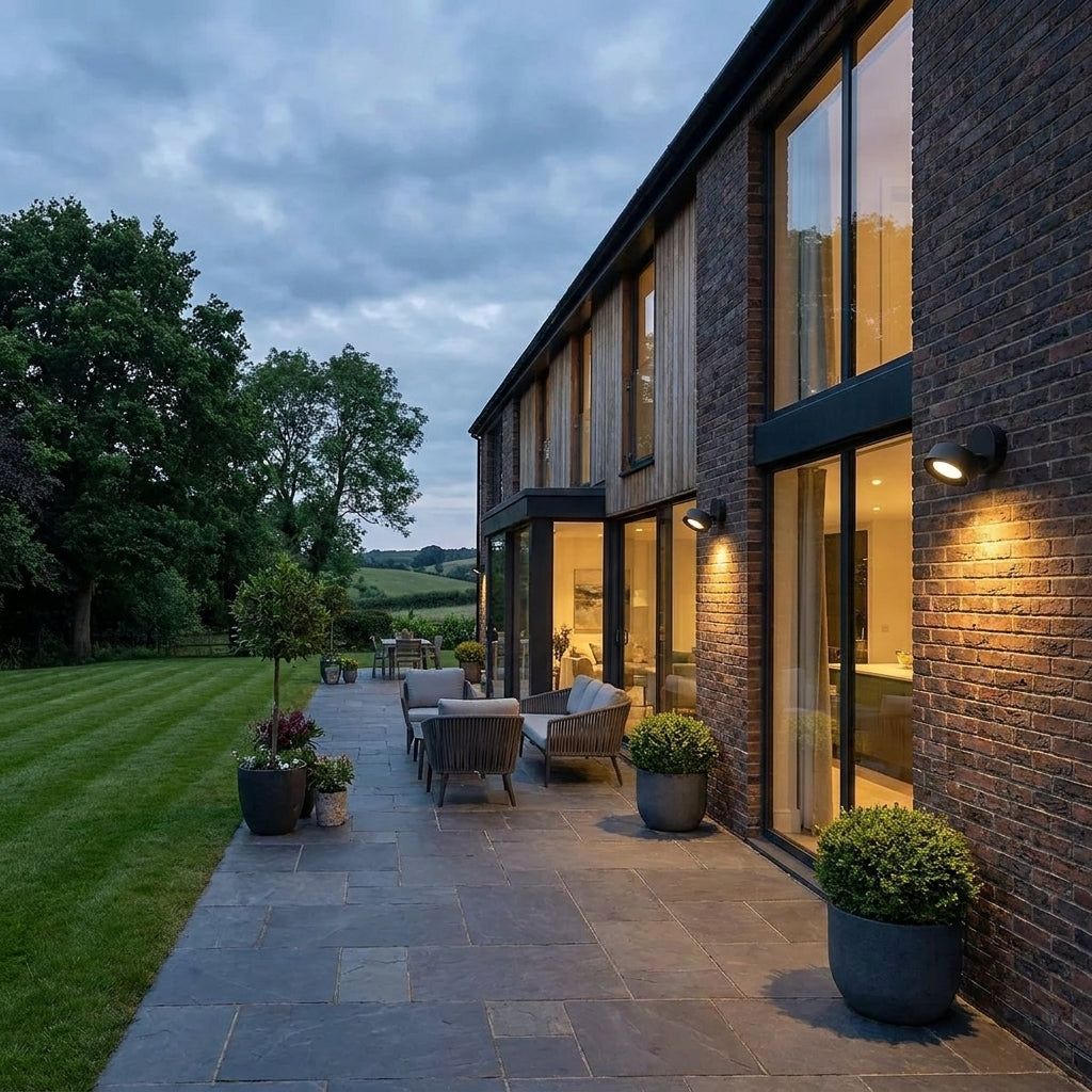 Etsu spotlights illuminating a modern house exterior and patio at dusk