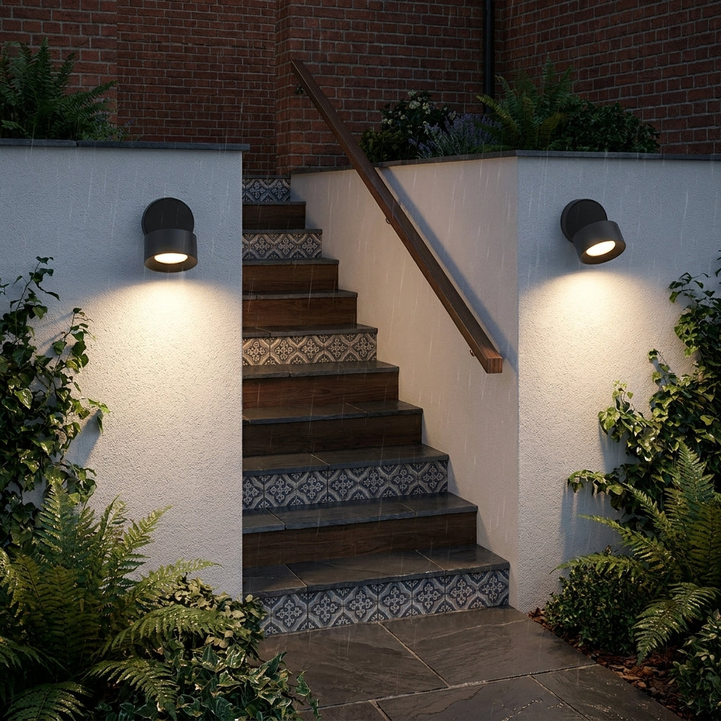 Etsu spotlights illuminating outdoor steps against a white rendered wall