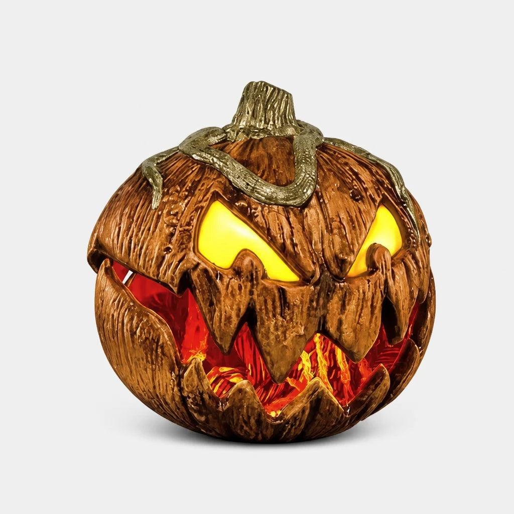 Three-quarter angle view of the Fenner roaring pumpkin head Halloween ornament on a studio background