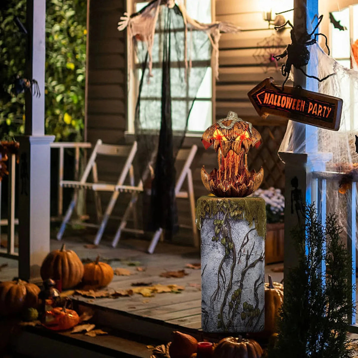 Halloween-themed outdoor setting with pumpkins, a lit jack-o'-lantern, and a 'Halloween Party' sign.