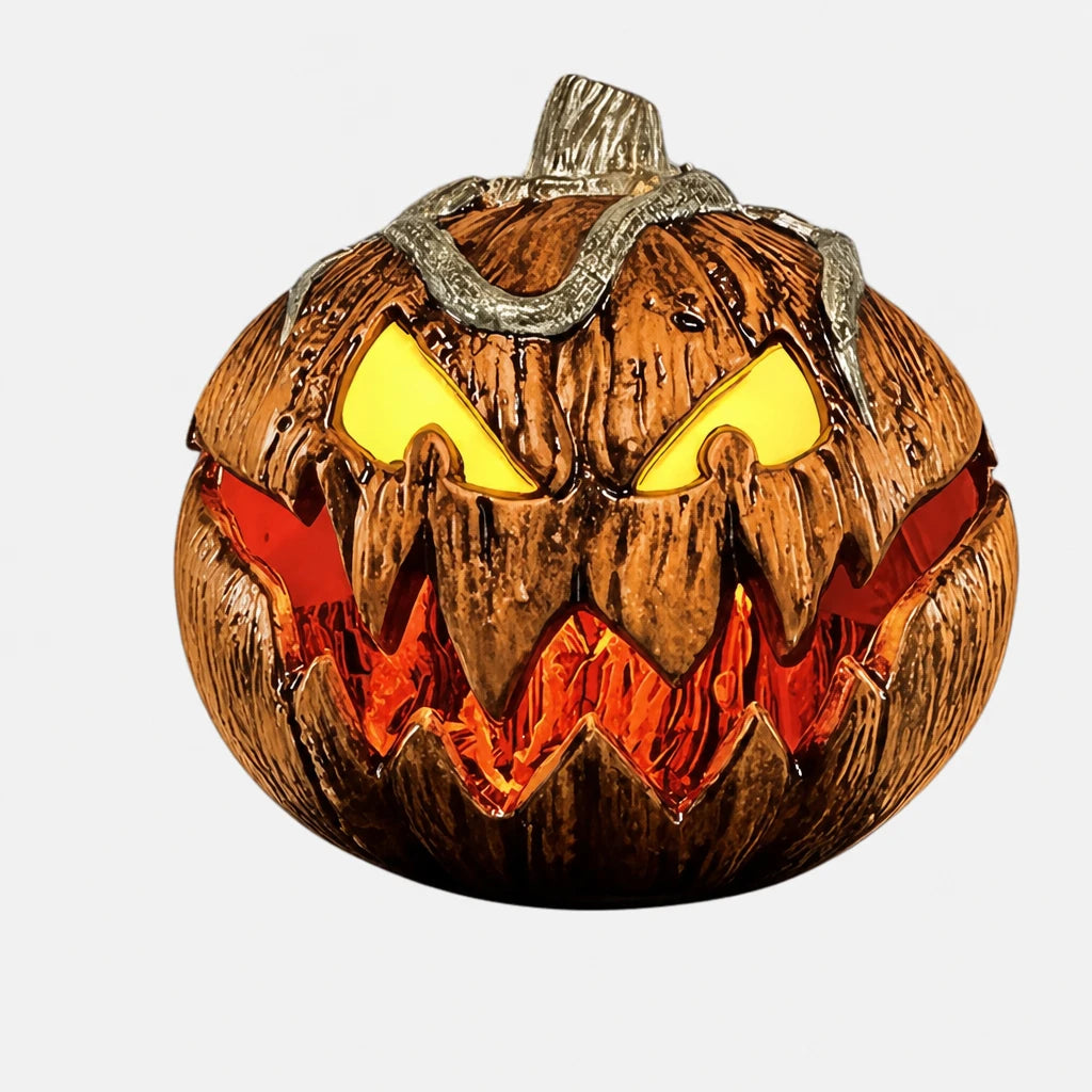 Fenner roaring pumpkin head Halloween ornament with glowing yellow eyes and carved mouth on a plain studio background