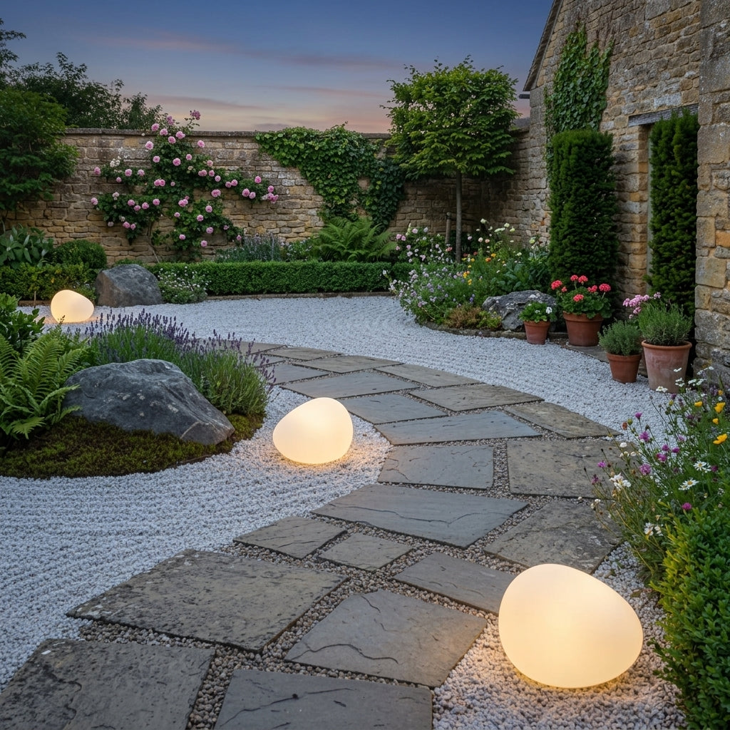 Fexil solar pebble light glowing at dusk beside a stone wall and garden path