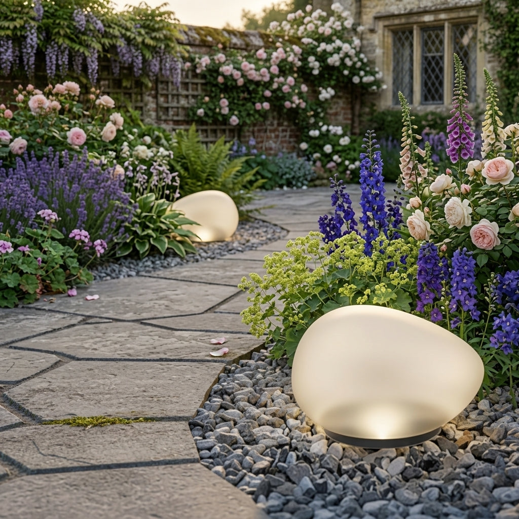 Fexil solar pebble light glowing on a stone path near a lit doorway in the evening