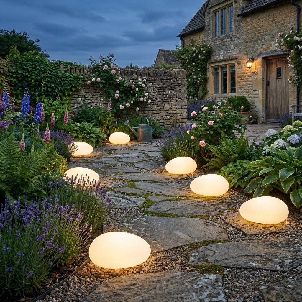 Fexil solar pebble lights in a gravel courtyard beside a cottage