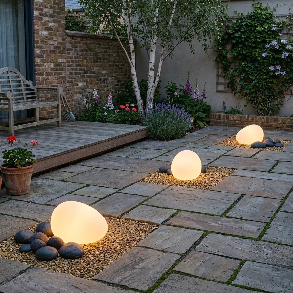 Fexil solar pebble light glowing in a gravel planting bed beside a brick wall