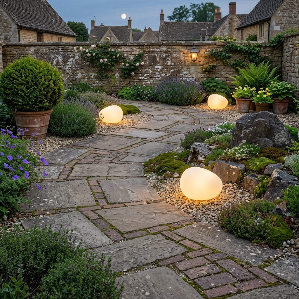 Fexil solar pebble lights along a moonlit stone path with rooftops in the background