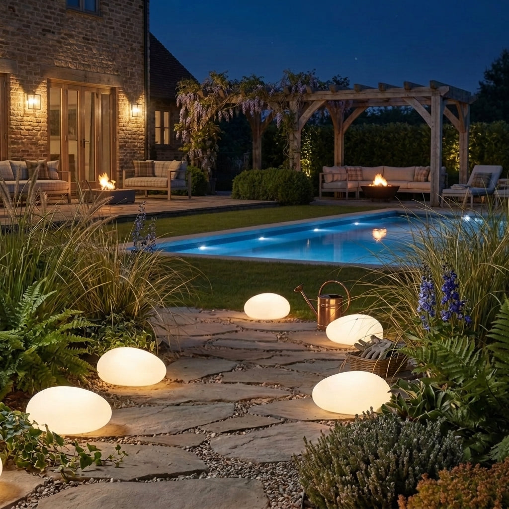 Fexil solar pebble lights lining a stone path around a pool and garden at night