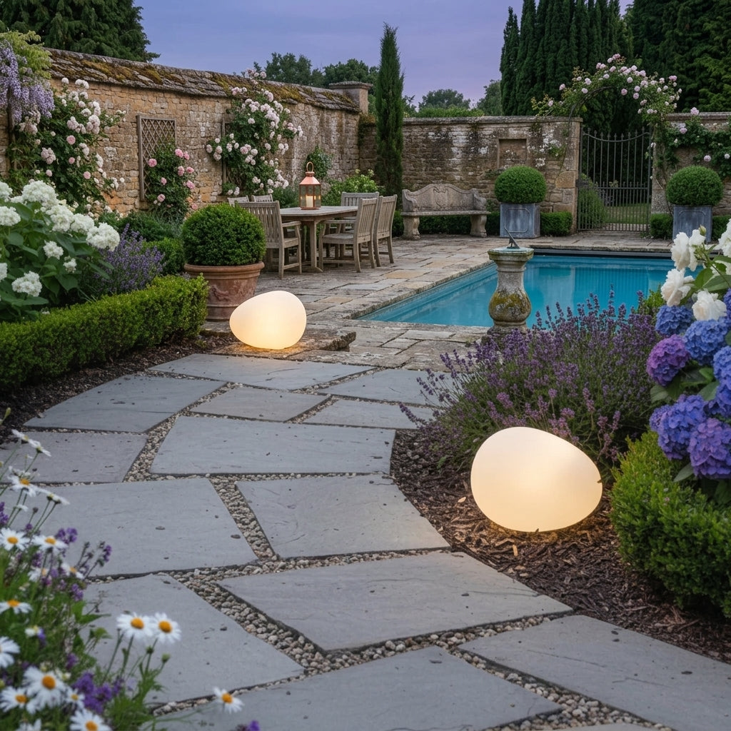 Fexil solar pebble light on a stone patio beside a pool and dining area