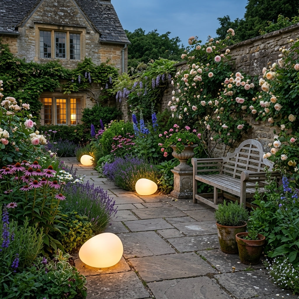 Fexil solar pebble light on a stone path among lavender and flowers beside a cottage wall