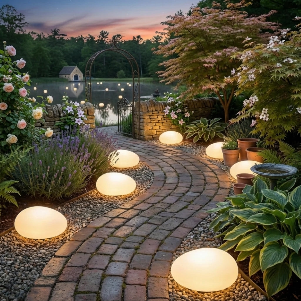 Fexil solar pebble lights along a winding brick garden path at sunset