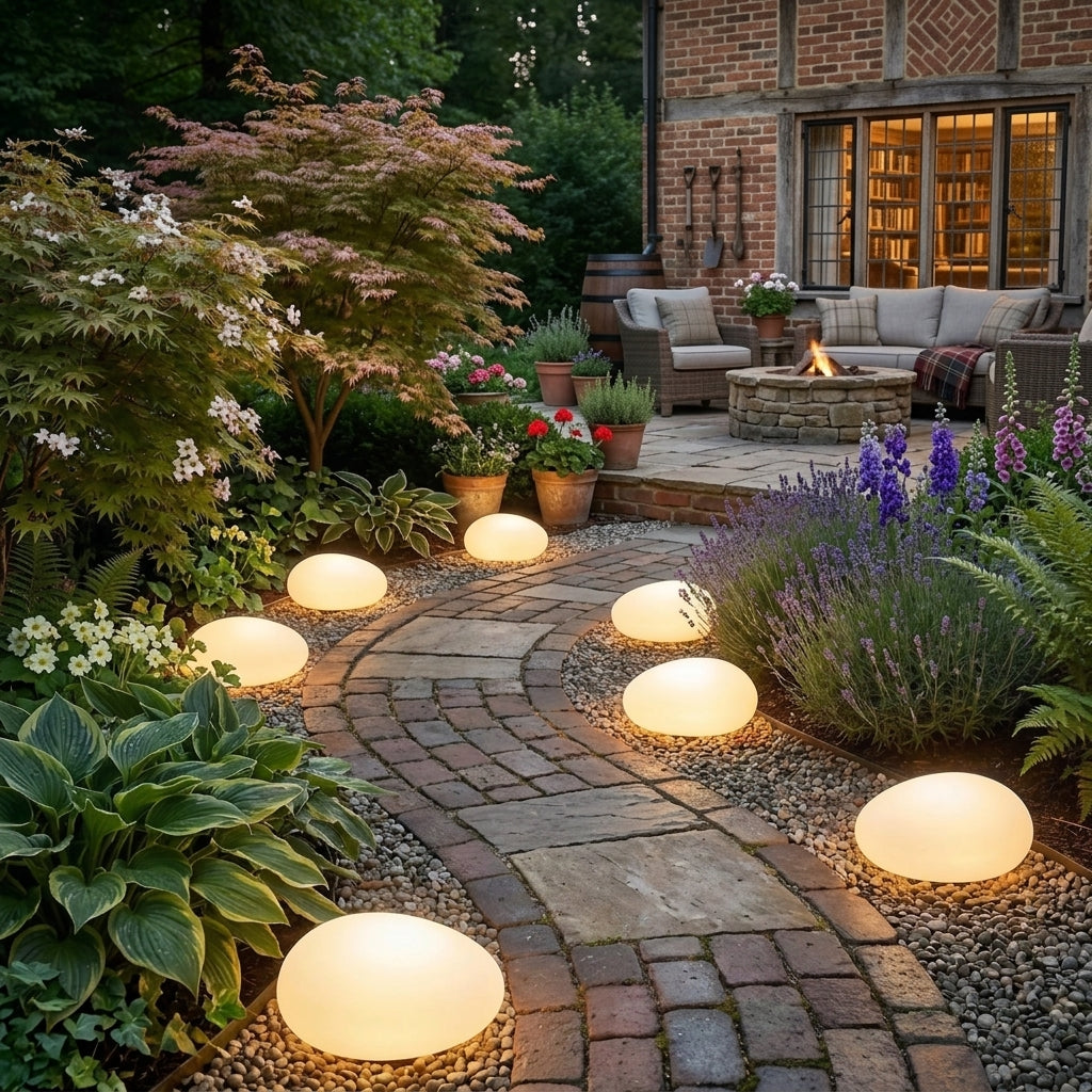 Fexil solar pebble lights lining a brick path through lavender and hostas at twilight