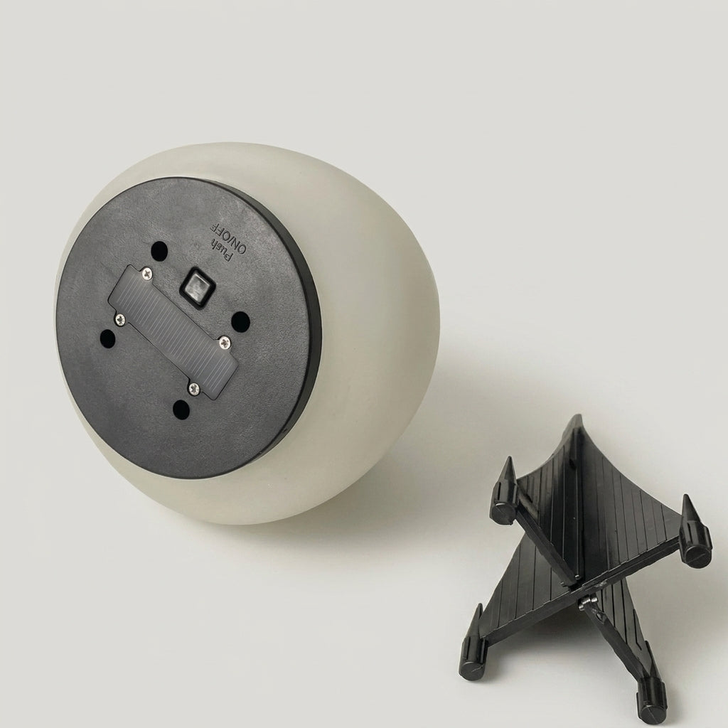 Underside view of the Fexil solar pebble light showing the on/off switch and ground stake base
