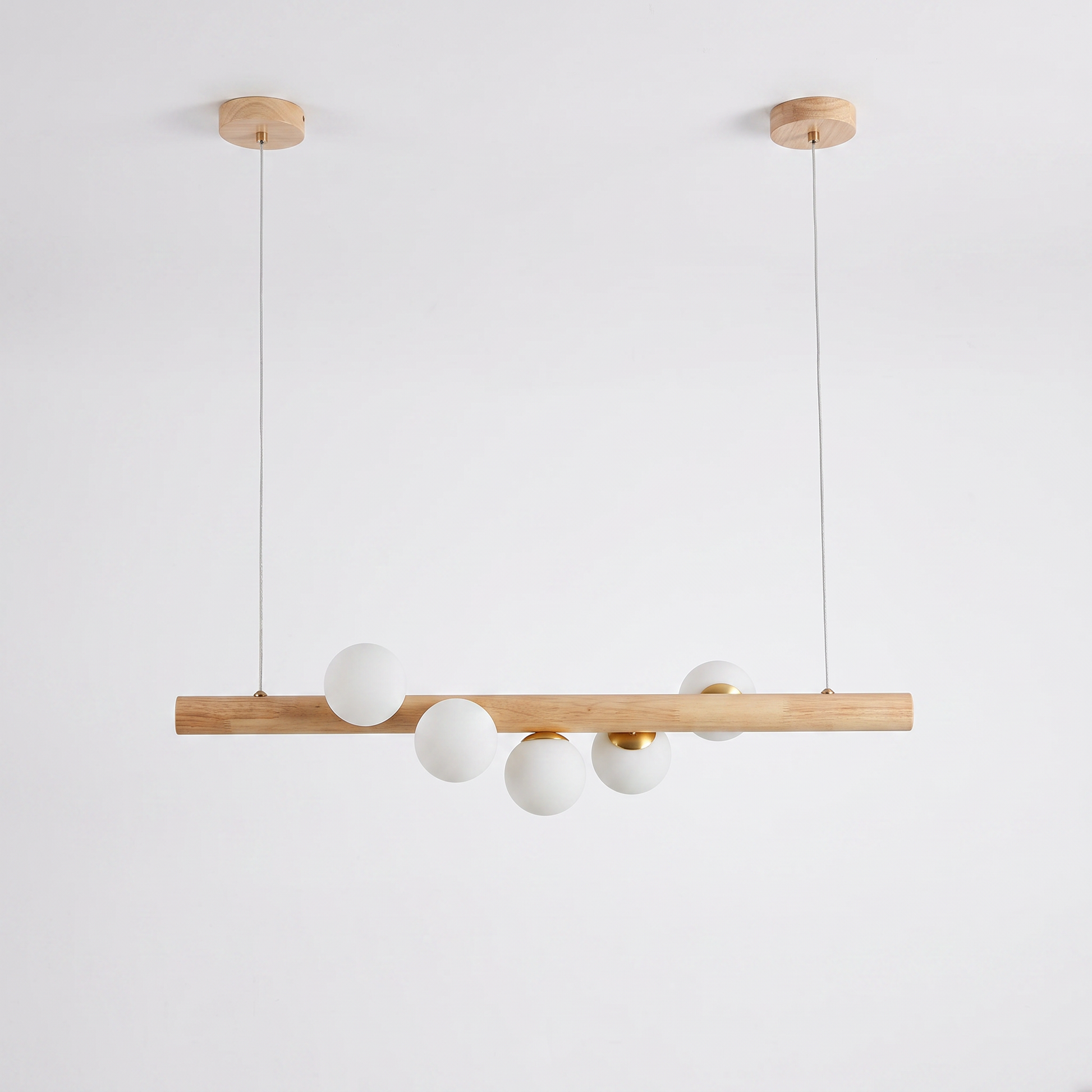 Fivqo Nordic wood beam pendant light, 5-light Original Wood finish, on a clean white background