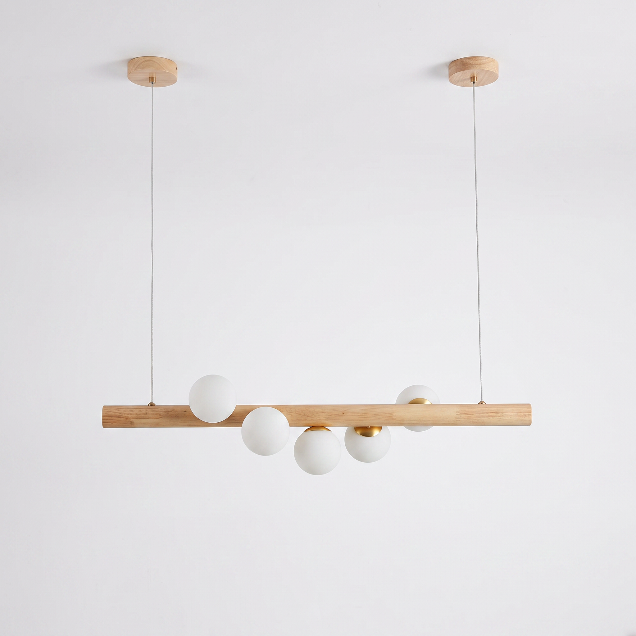 Fivqo Nordic wood beam pendant light, 5-light Original Wood finish, on a clean white background