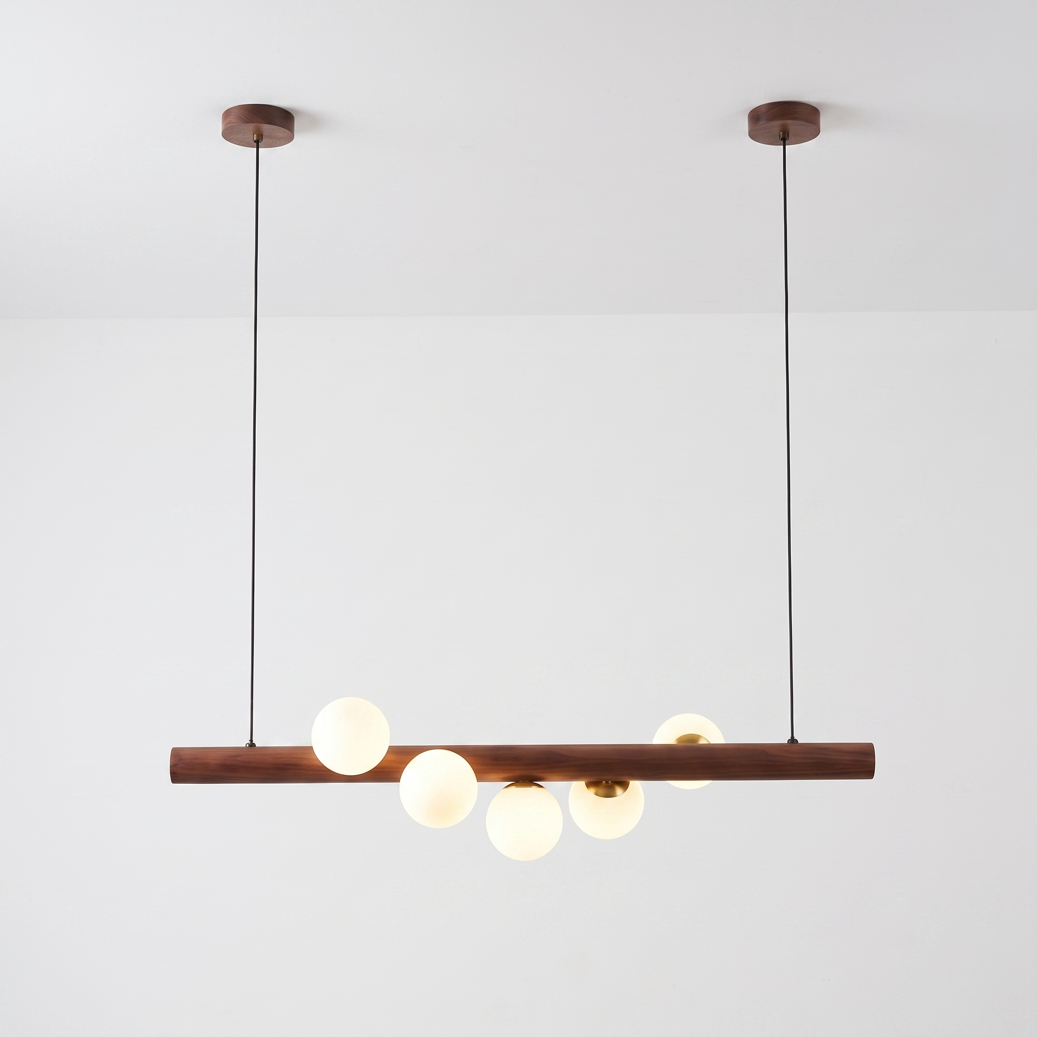 Fivqo Nordic wood beam pendant light, 5-light Walnut Wood finish, on a clean white background