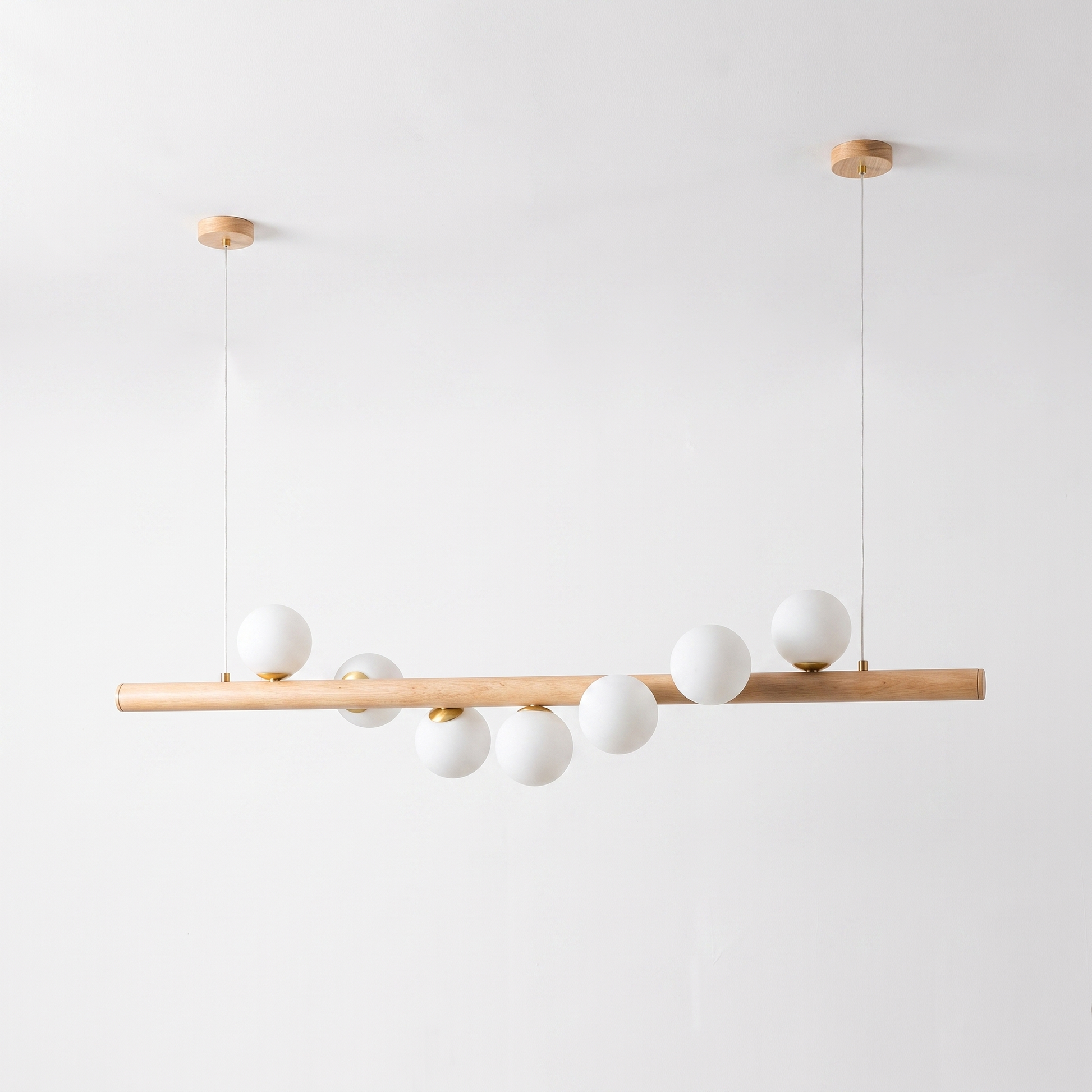 Fivqo Nordic wood beam pendant light, 7-light Original Wood finish, on a clean white background