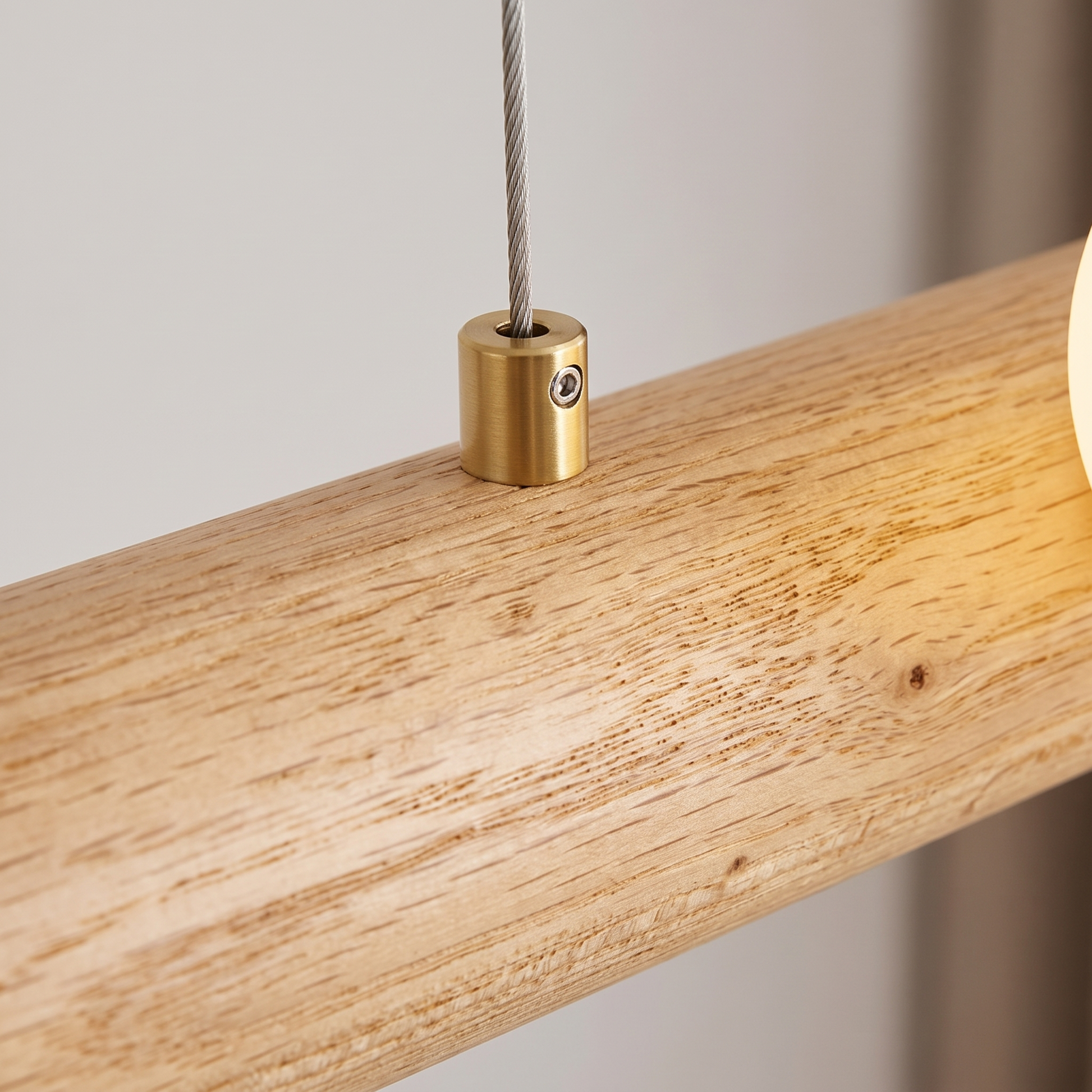 Close-up of the Fivqo wood beam grain and ceiling mount fitting