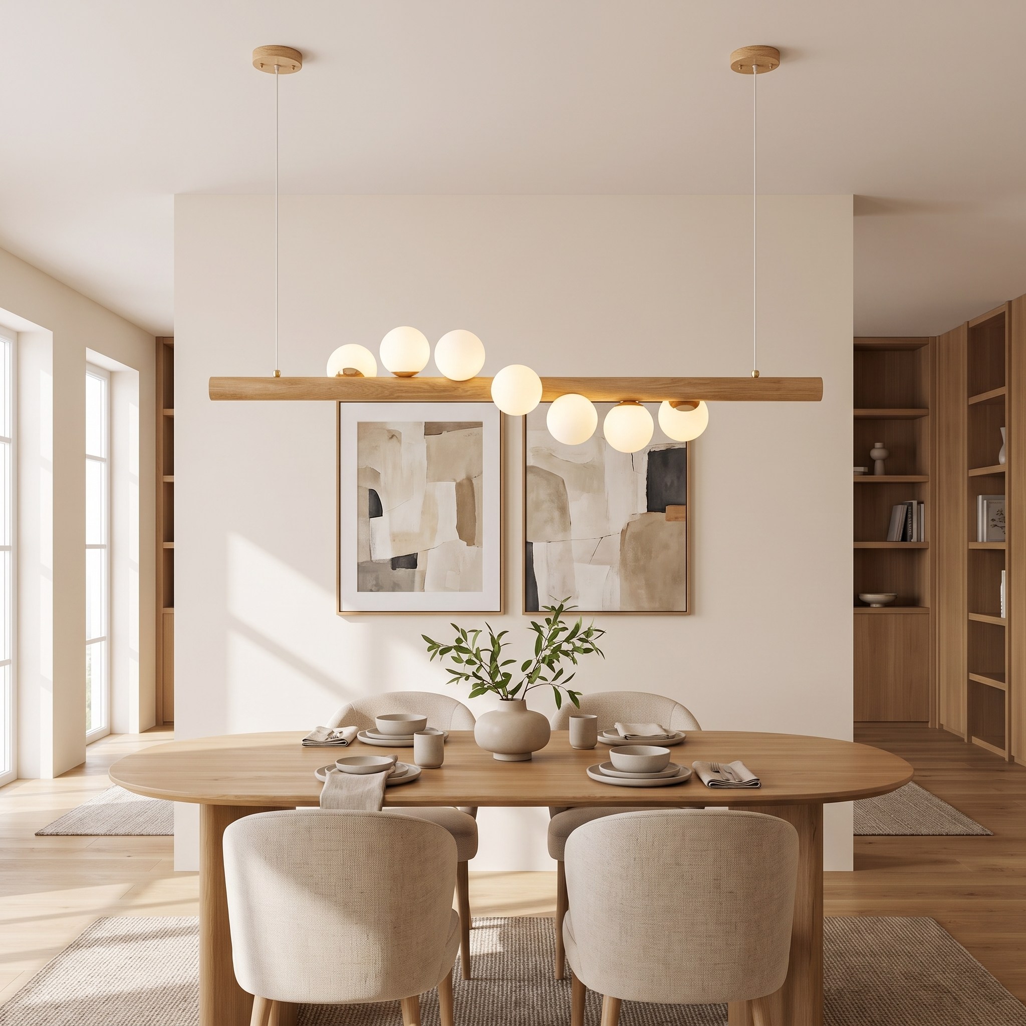 Fivqo pendant light hanging above a dining table in front of a wall with framed art
