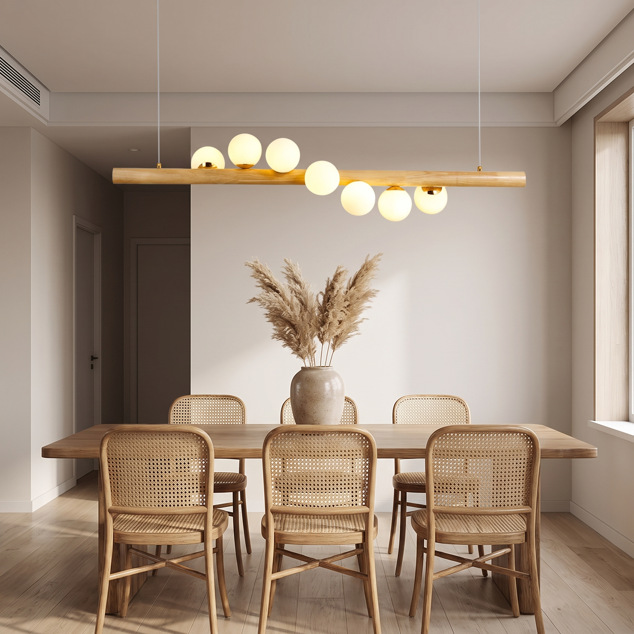 Fivqo pendant light hanging above a dining table with rattan chairs