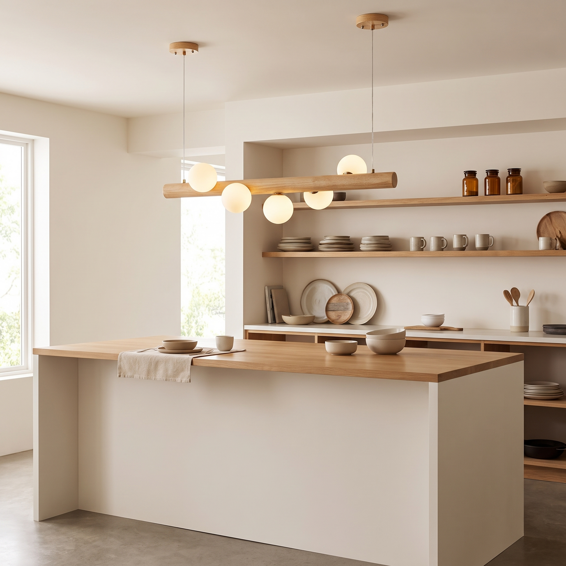 Fivqo pendant light hanging above a kitchen island with wood shelving