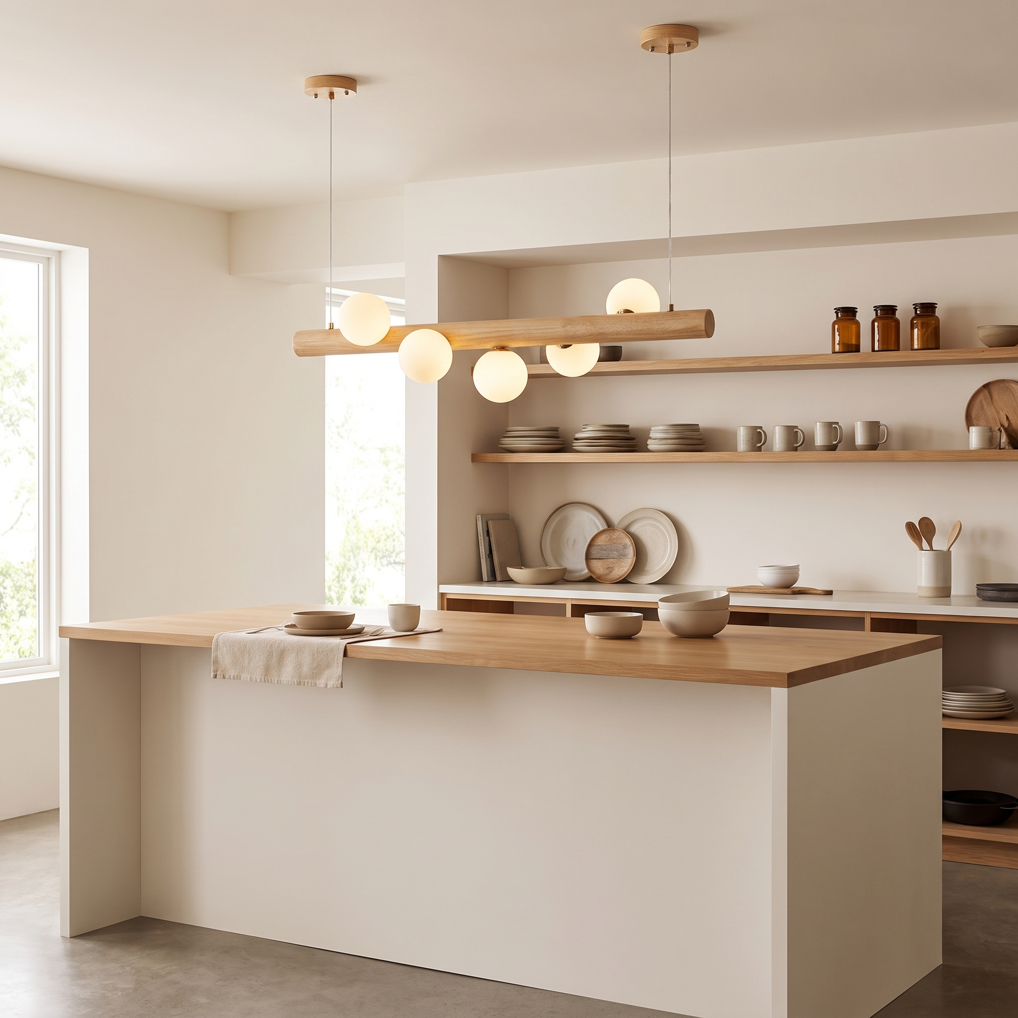 Fivqo pendant light hanging above a kitchen island with wood shelving