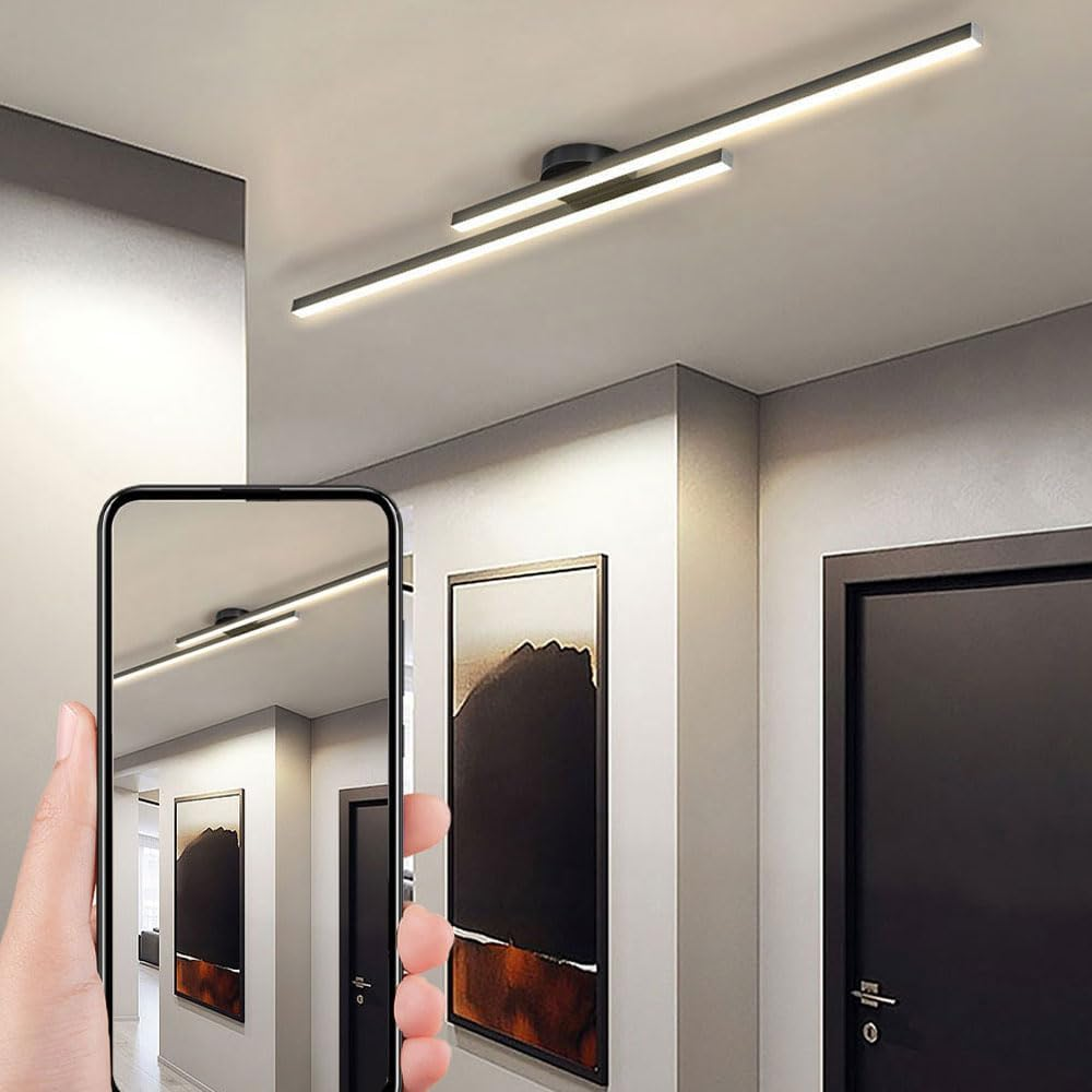 Smartphone camera testing the black linear ceiling light, demonstrating its flicker-free LED technology