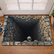 Floorstare 3D illusion skull pit area rug laid in a front entryway, appearing as a real hole in the floor