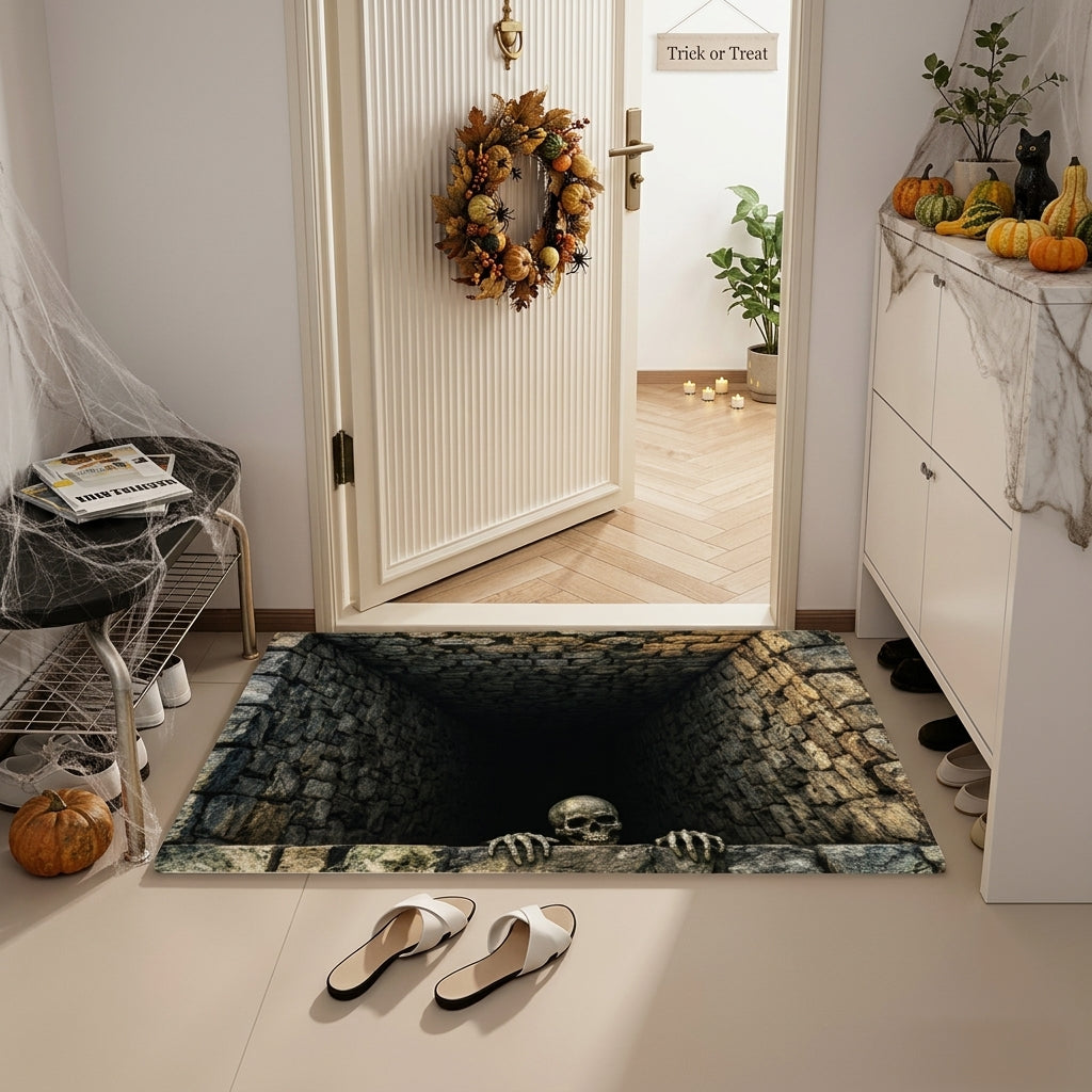 Floorstare 3D illusion skull pit area rug in a home entryway decorated with a Trick or Treat sign and pumpkins