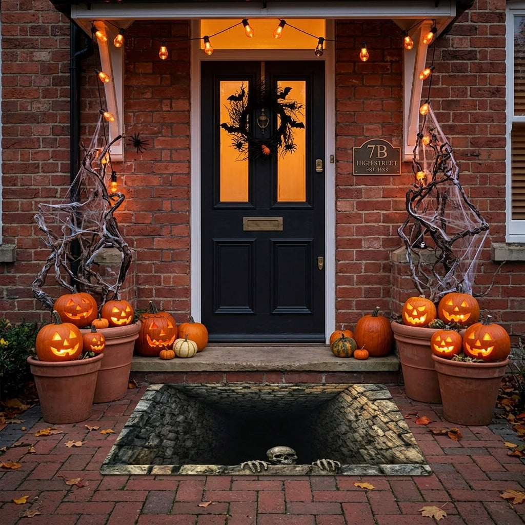 Floorstare 3D illusion skull pit area rug on a brick front doorstep surrounded by jack-o-lanterns and cobwebs