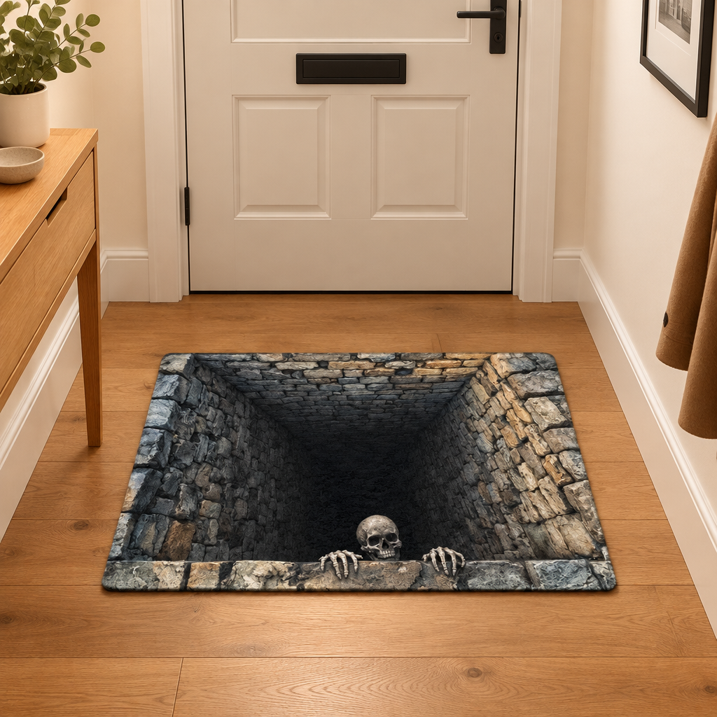 Floorstare 3D illusion skull pit area rug laid in a hallway in front of a door
