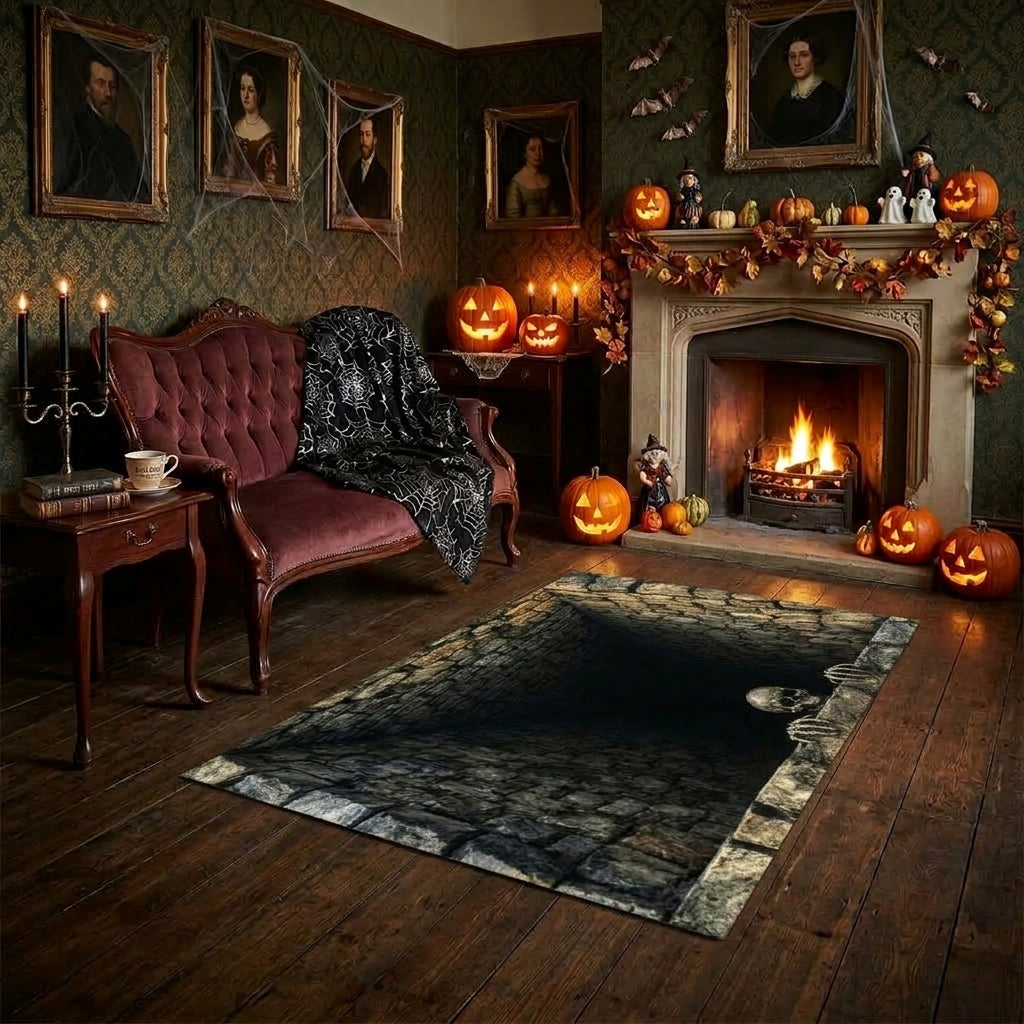 Floorstare 3D illusion skull pit area rug in a haunted-house-style living room beside a lit fireplace
