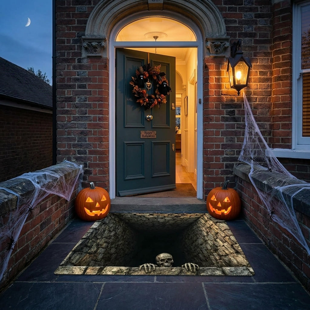 Floorstare 3D illusion skull pit area rug in front of an open door at night with jack-o-lanterns and cobwebs