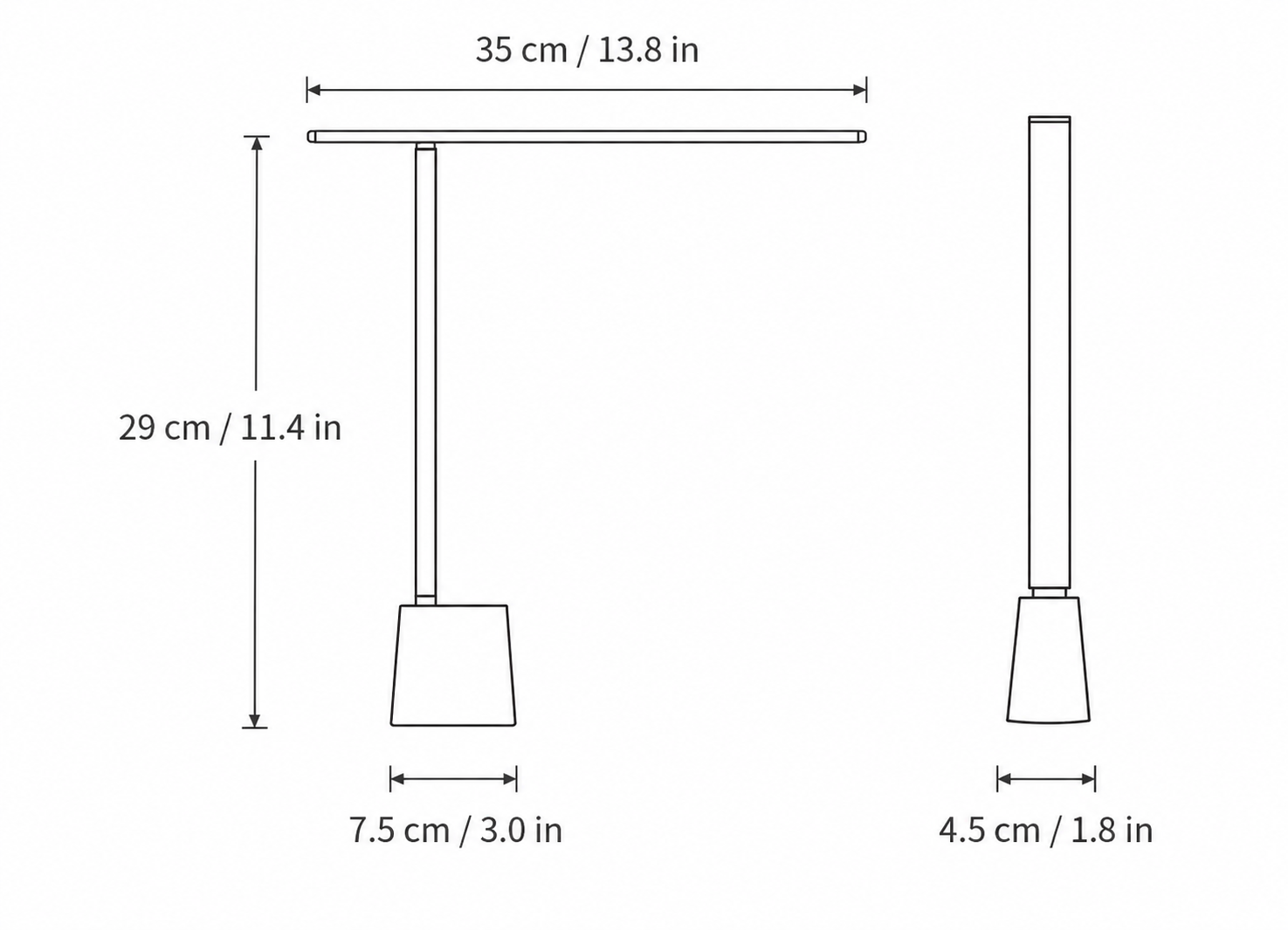 Dimensions and sizing guide for the compact, foldable LED desk lamp