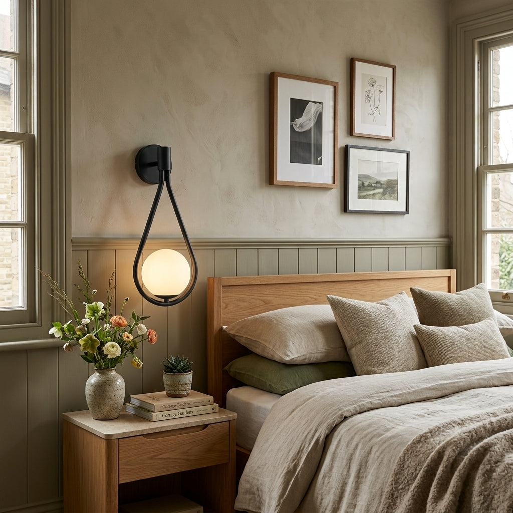 Folzi orb wall light, black sconce mounted above a bed in a cream-toned bedroom
