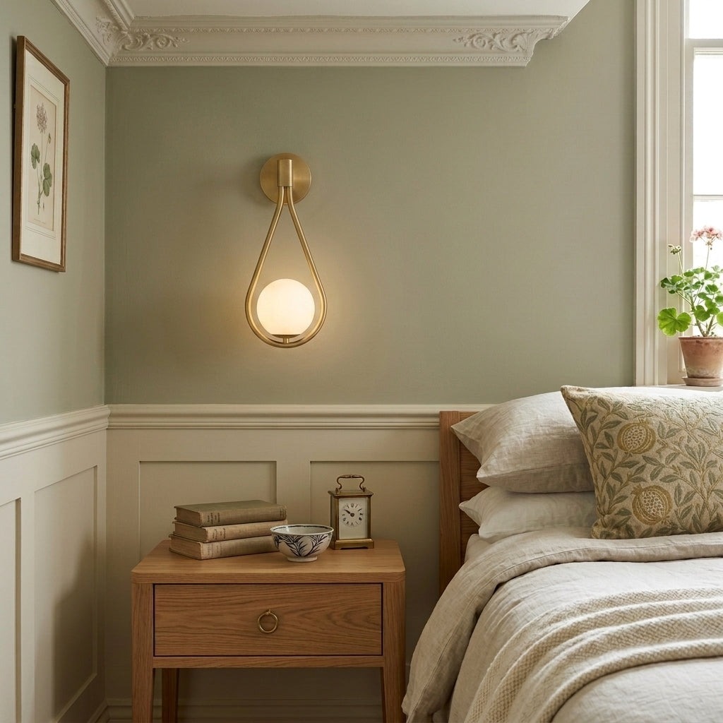 Folzi orb wall light, gold sconce mounted in a bedroom with sage green walls