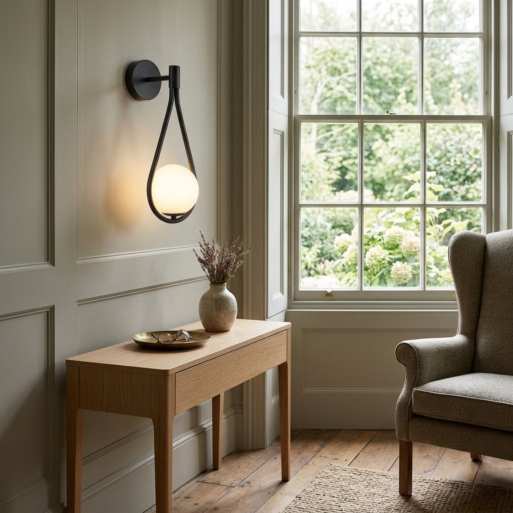 Folzi orb wall light, black sconce mounted in a dining area beside a window and console table