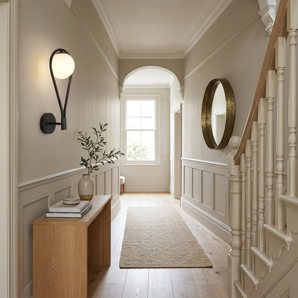 Folzi orb wall light, black sconce mounted in a hallway beside a staircase and round mirror